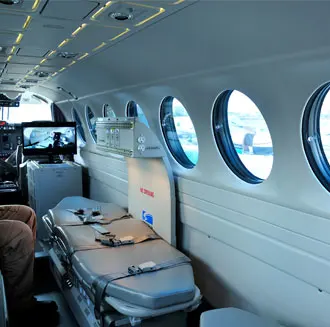 Interior of a medical plane equipped for air ambulance services